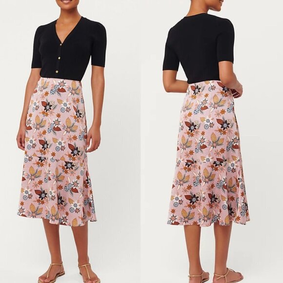 🦋 LOFT Pink Lilac Floral Fluted Midi Skirt Size 4 Silky - Picture 1 of 7